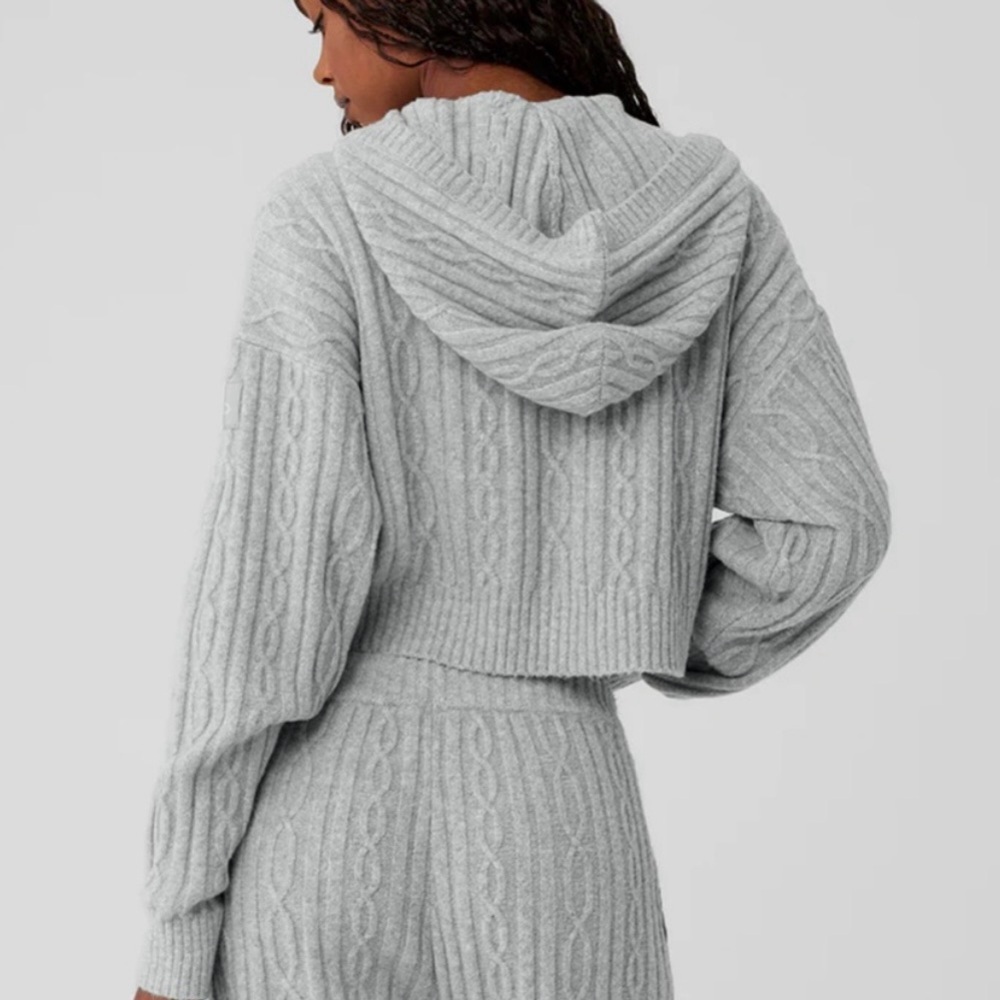 ALO YOGA Athletic Heather Grey Cable Knit‎ Winter Bliss Pullover Hoodie Size S - Picture 9 of 9